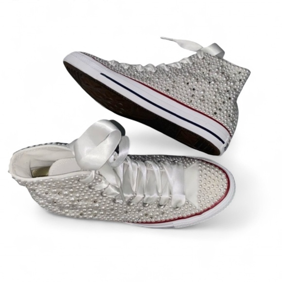 Crystal Diamonds & Pearls High Top Converse Sizes 5-14 New With Ribbon Laces - Picture 4 of 13